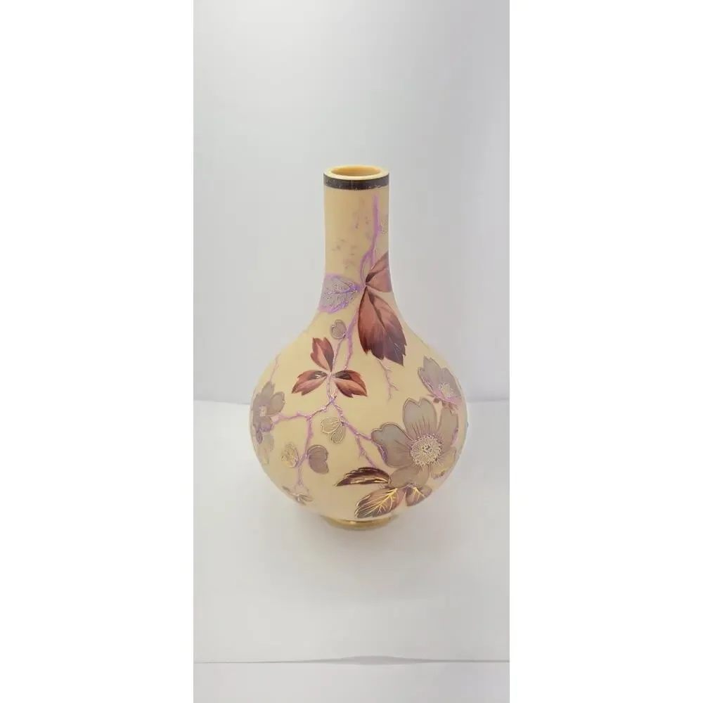 Floral Moriage Style Vase Raised Enamel Pink Gold Cream Decorative 9